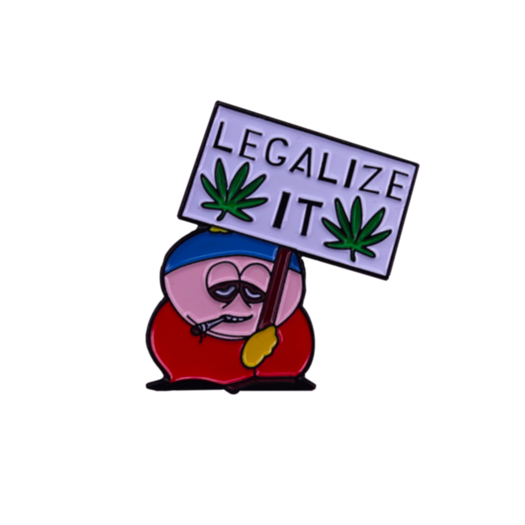 enamel pin eric cartman smoking a joint from southpark funny pin holding sign that says legalize it weed