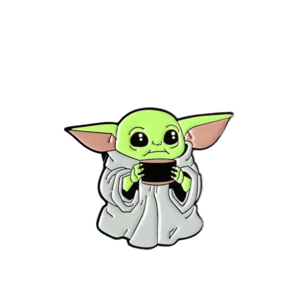 enamel pin baby yoda grogu green drinking coffee